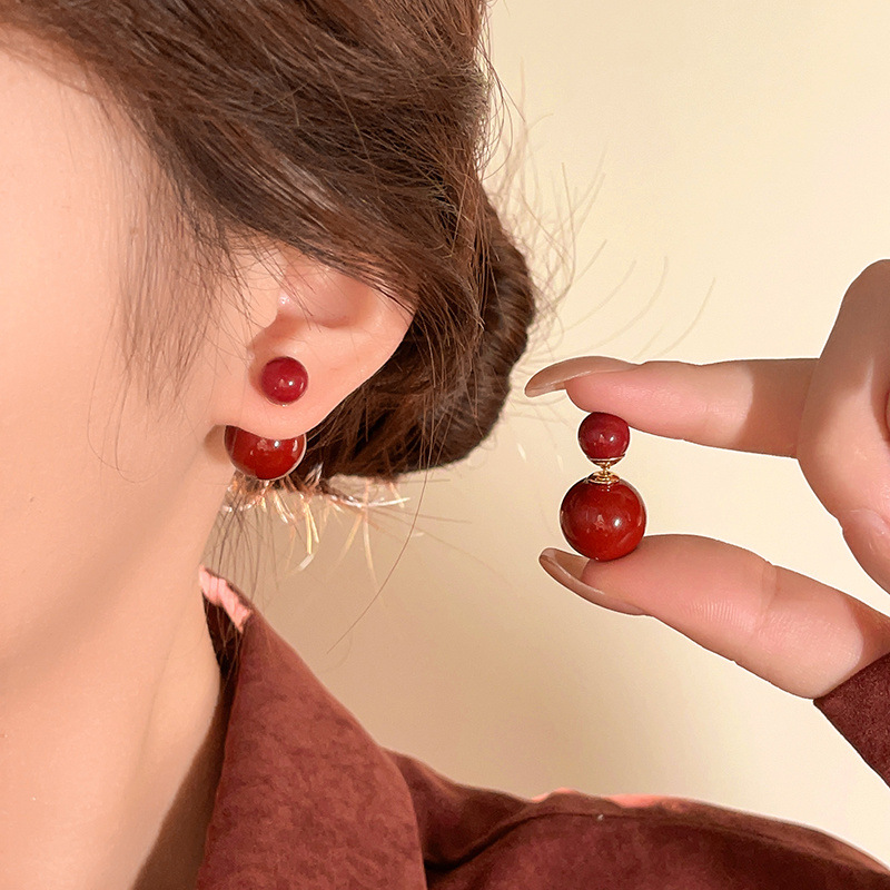 安可拉红双面大小珍珠耳钉女2024新款爆款高级感独特耳环复古耳饰