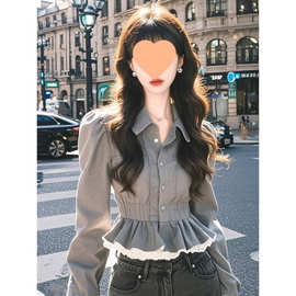 长袖衬衫女2026早春季小众蕾丝拼接修身显瘦上衣法式高级感上衣