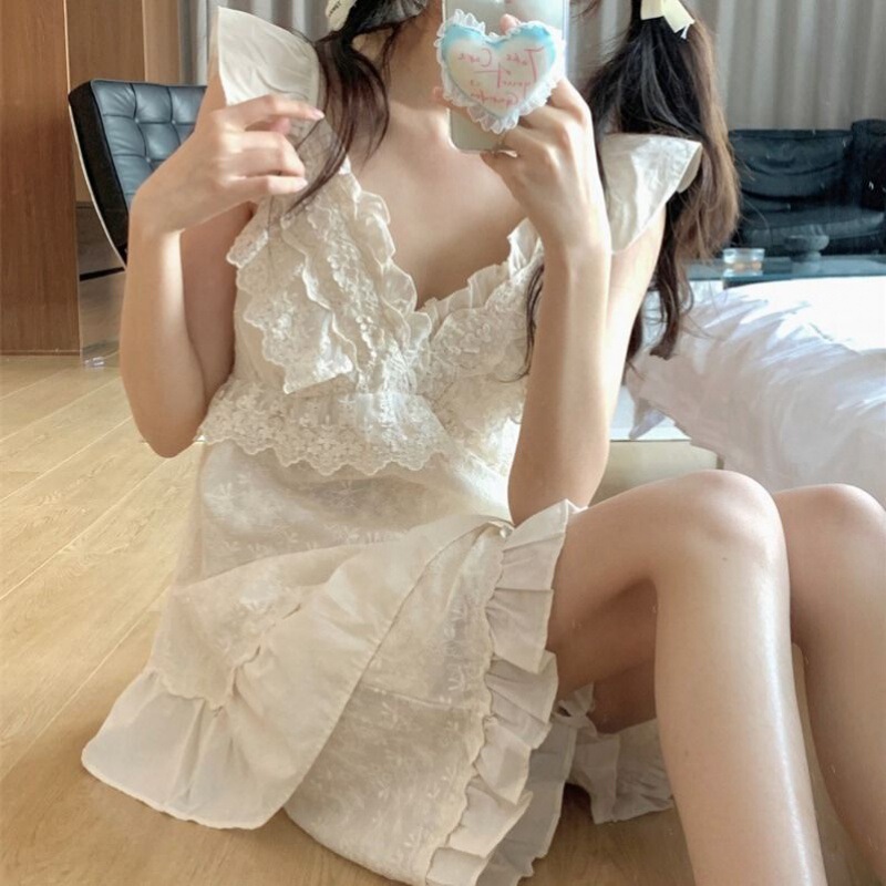 Simon Lina's New Sweet French Suspender Pajamas Home Two-piece Set for Women Summer New Style Foreign Style Girl's Home Simon Lina's New Sweet French Suspender Pajamas Home Two-piece Set for Women Summer New Style Foreign Style Girl's Home