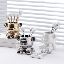 陶瓷小熊不锈钢水果叉套装高颜值水果签家用轻奢叉勺水果叉子批发