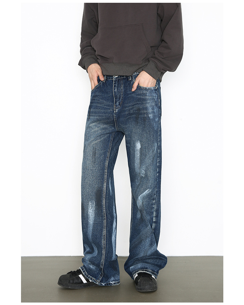 Hand-Painted American Style Straight-Leg Jeans For Men - Vintage Washed Denim Pants With Flared Hem, Comfortable Cotton Blend Fabric_mkmklike.com