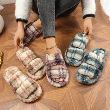 棉拖鞋女双条格子外贸秋冬季毛绒保暖居家室内防滑毛毛拖鞋女批发