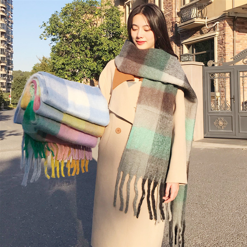 新款跨境格子欧美拼色围巾女北欧秋冬软糯保暖圈圈纱撞色格纹围巾