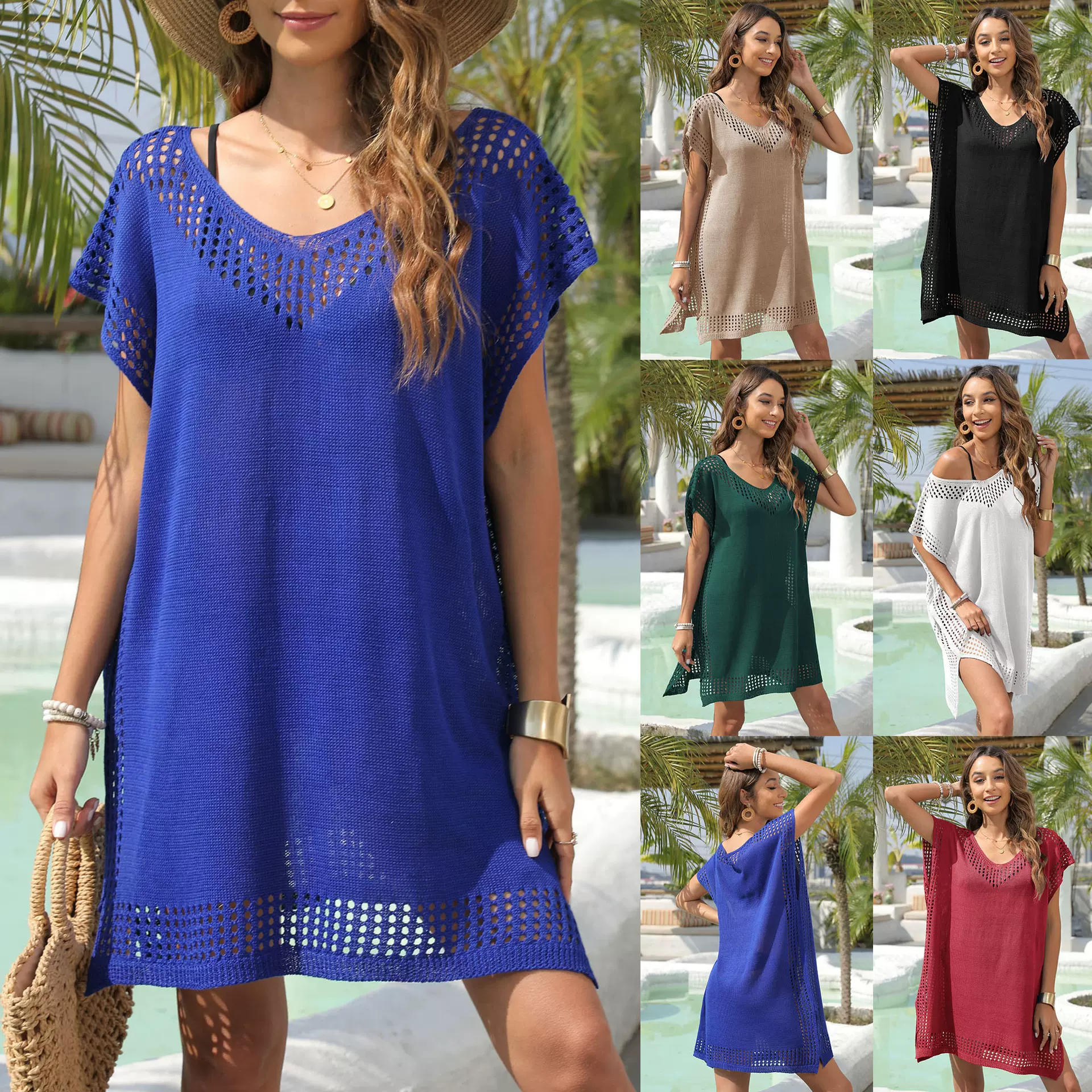 跨境罩衫V领镂空拼接宽松欧美女士连衣裙海边度假超仙沙滩裙Z720