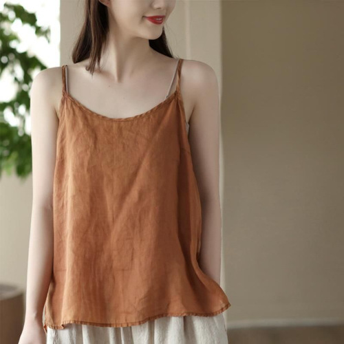 Cotton Linen Strappy Tank Top Loose Ethnic Style  Summer Trendy Belly Covering Tank Top Striped Versatile Women's Top