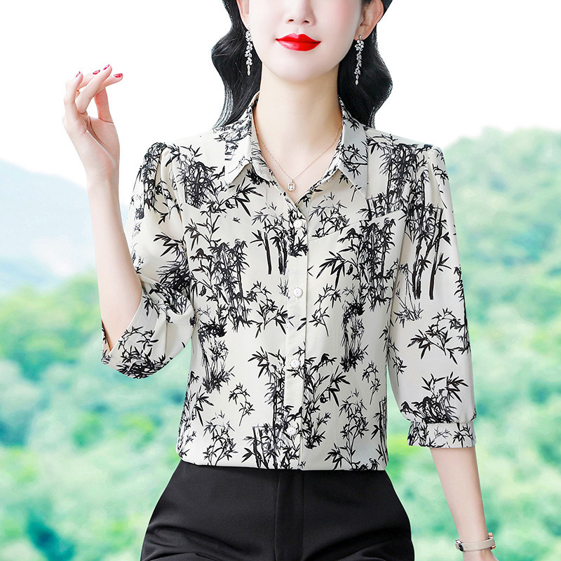 Printed Silk Chiffon Shirt Top 2026 Spring/Summer Slimming Shirt with Three-Quarter Sleeves Plus Size Mulberry Silk Blend