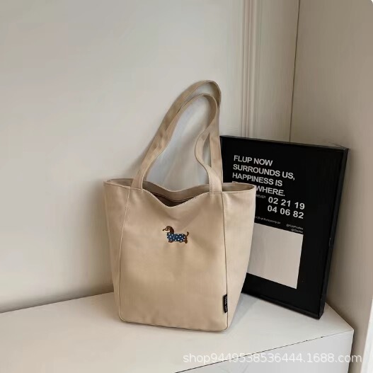 刺繍ソーセージ犬キャンバスバッグ女子大容量学生の授業中の手提げ袋|undefined