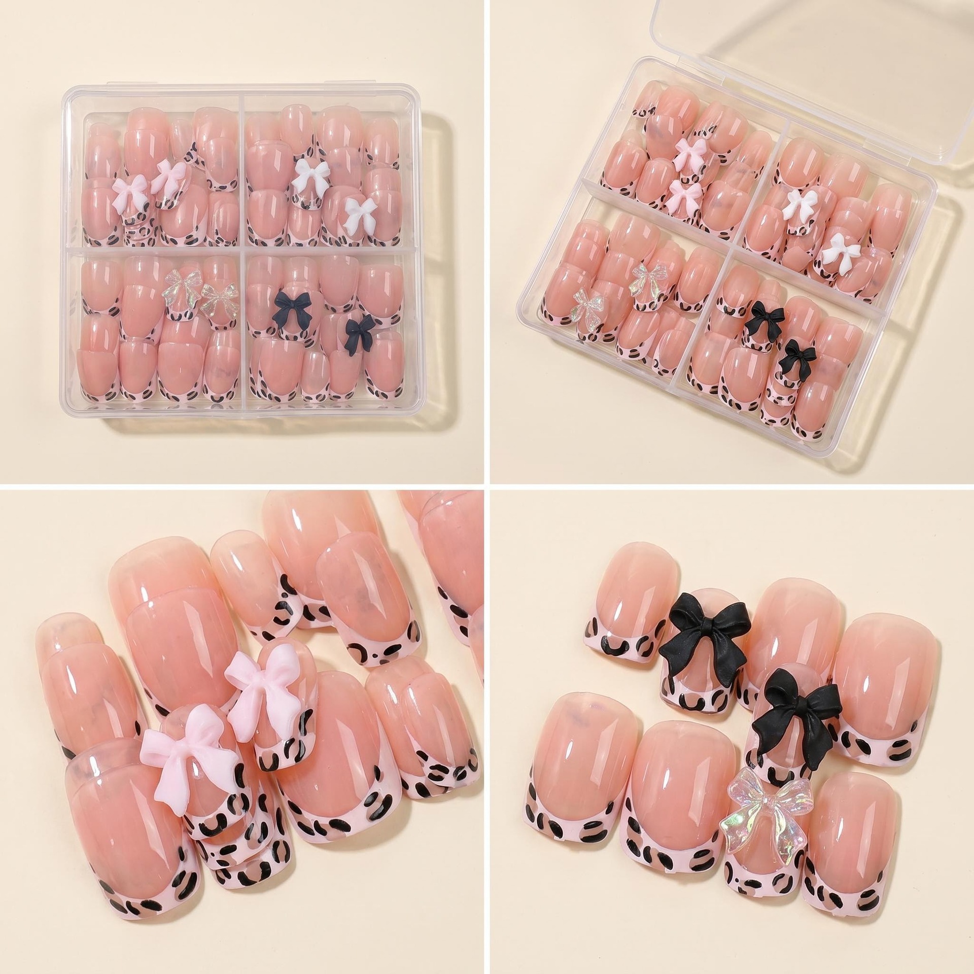 Gentle and Flattering Leopard Print Bowknot Short Oval-Shaped 96-Piece Boxed Reusable Nail Stickers