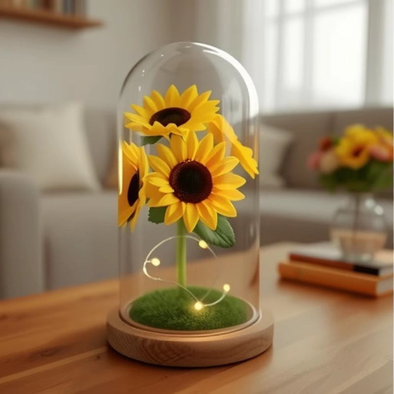 Regalos navideños Fragrant Sun Kwai haz de vidrio cubierta pequeña fragancia rosa flor con luz flor artificial regalo de cumpleaños de San Valentín