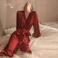 Пикантные пижамы Guiruo, женские осенне-зимние очаровательные Соблазнительные атласные Повседневные Удобные кружевные длинные халаты, костюм 19960
