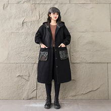 连帽牛仔外套女 秋季新款复古文艺宽松显瘦单排扣中长款牛仔风衣
