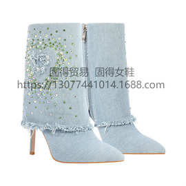 跨境独立站ins时尚走秀牛仔蓝色烫钻BlingBling爱心短靴女鞋