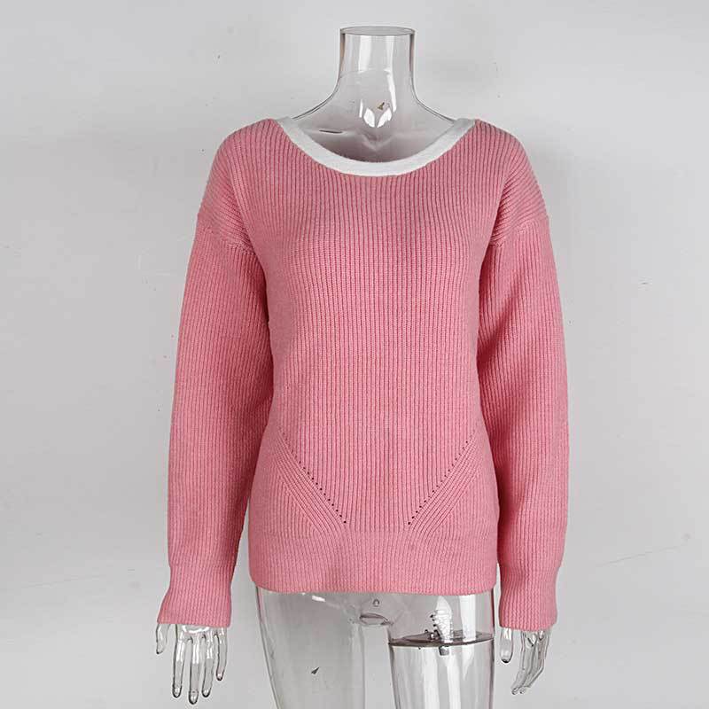 Knitted Jumper For Women With Back Bow Detail Round Neck Pullover_voghion.com