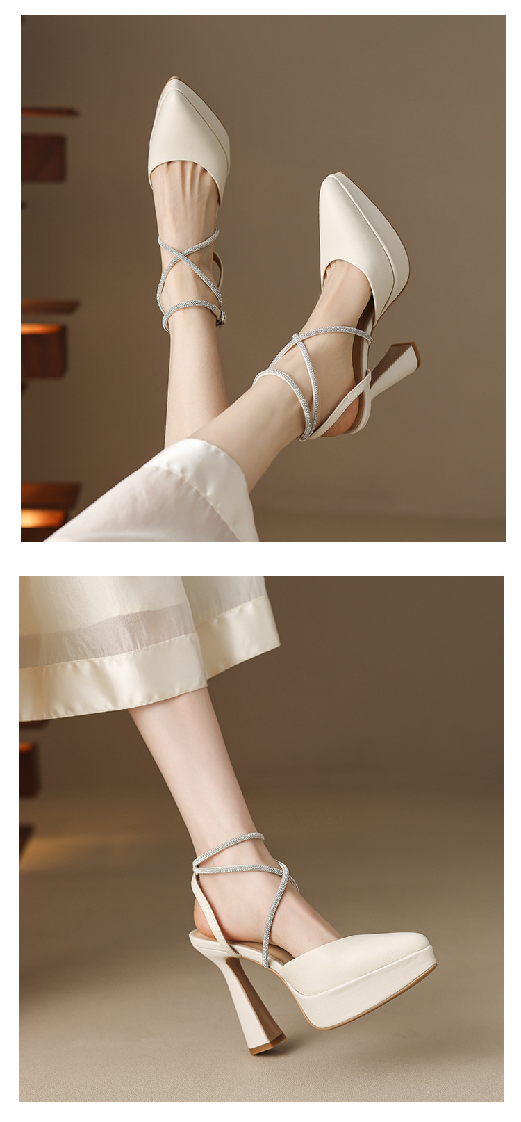 Giày sandal cao gót nữ đính đá mũi kín gót vuông platform 9 cm — màu đen, màu trắng ngà chi tiết 8