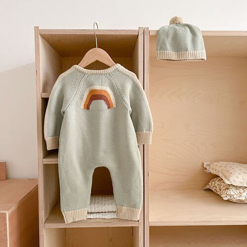 ins Korean version super cute newborn baby romper baby knitted jumpsuit rainbow sweater comes with hat