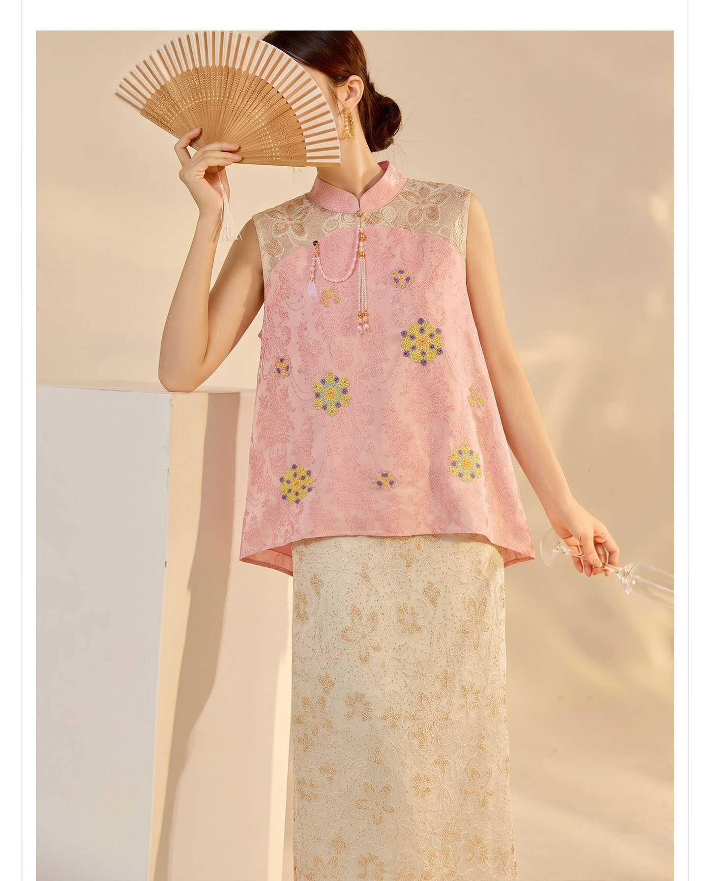 Bộ áo gile ren thêu hoa kết hợp chân váy midi phong cách Tân Trung Quốc mùa hè — bộ đồ, nửa váy, Trang chủ chi tiết 3