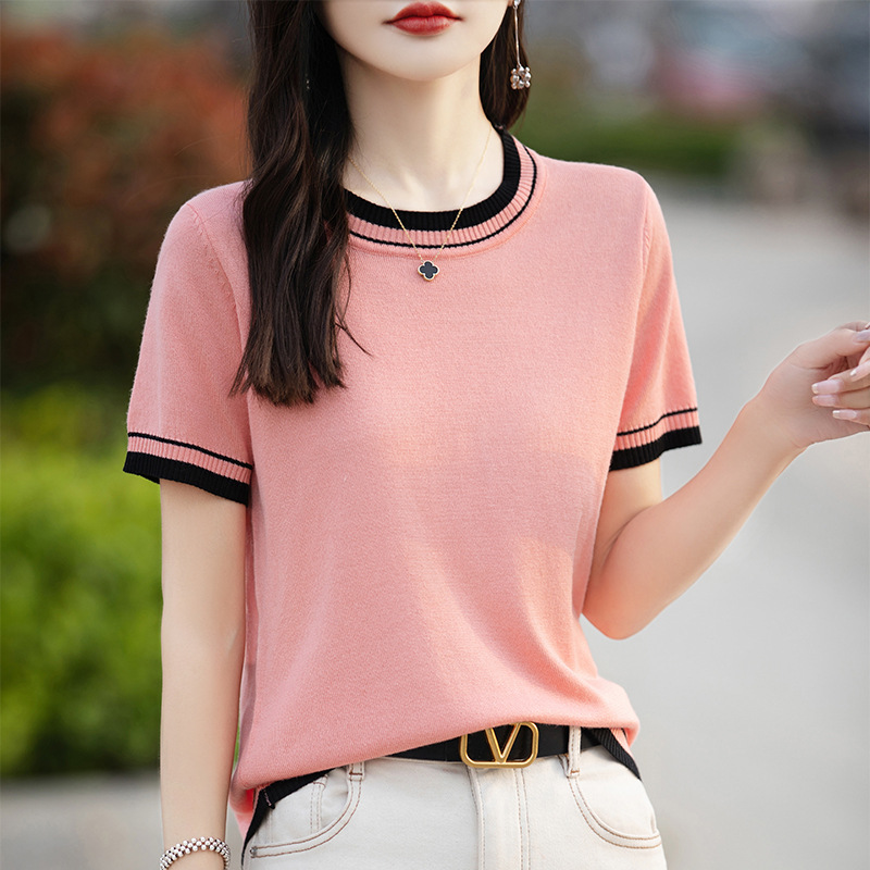 丝光仿棉麻圆领t恤女短袖25女装夏季舒适半袖薄款拼色针织打底衫
