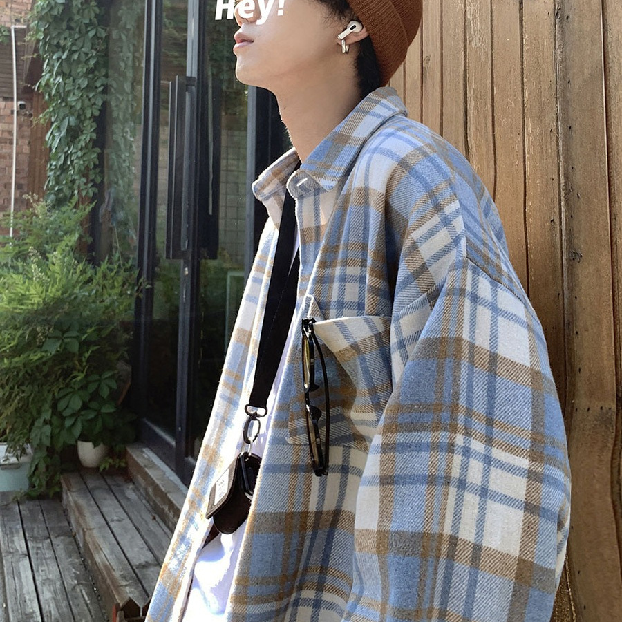 Camisa a cuadros de lana de alta gama para hombre Vintage suelto de manga larga ins Camisa de herramientas de marca de moda de alta gama