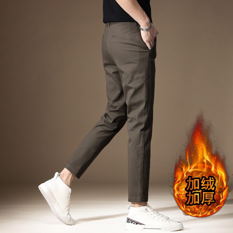 High-End Brown Cropped Dress Pants for Men, Autumn Fleece-Lined Slim-Fit Tapered Casual Pants, Men's Business Straight-Leg Trousers High-End Brown Cropped Dress Pants for Men, Autumn Fleece-Lined Slim-Fit Tapered Casual Pants, Men's Business Straight-Leg Trousers