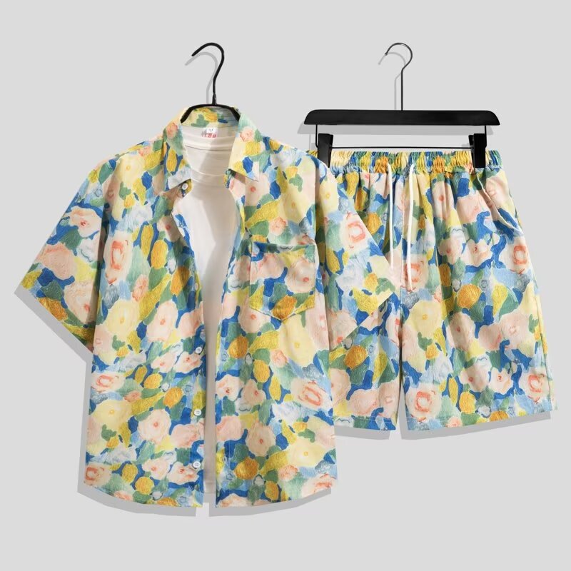 Hawaiian Style Shirt Suit Men's Autumn Vacation Casual Ice Silk Trendyy Short-Sleeved Shorts Seaside Beach Flower Shirt