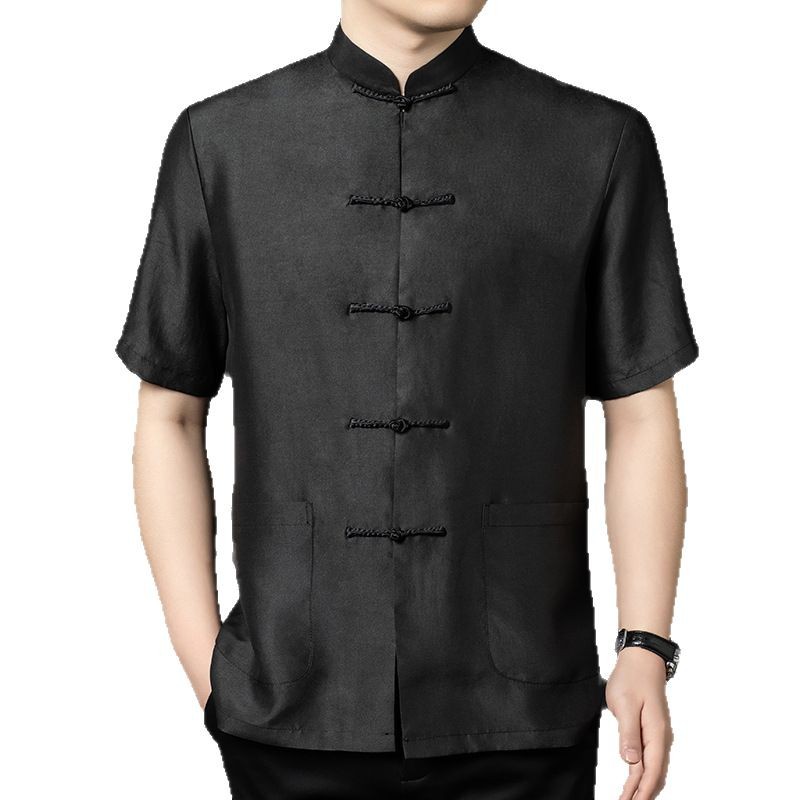 Áo sơ mi nam ngắn tay cổ đứng phong cách Trung Hoa, chất liệu lụa tơ tằm cao cấp — Màu đen G6001 ngắn tay