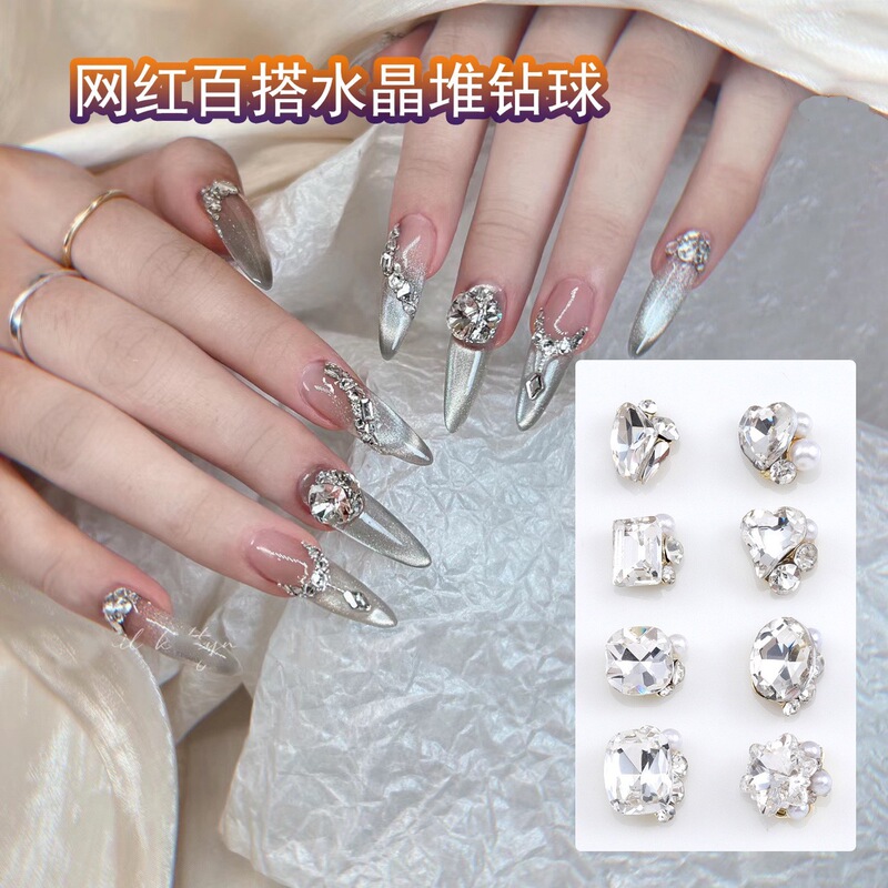 Internet Celebrous Explosive Crystal Stack Drill Nail Art Jewelry Super Flash Crooked Heart Rectangular Square Right Angle Hand-inlaid Pearl Finished Nail Drill