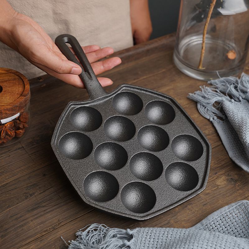 Thick Cast Iron Skillet with 12 and 14 Holes Octopus Ball Maker, Quail Egg Pan, Non-stick Coating, Universal for Induction Cooktops