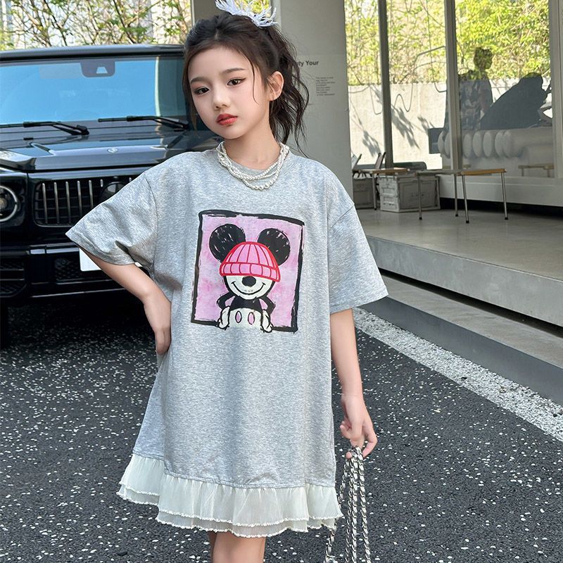 Girls Mesh Splicing Dress Summer 2025 New Cartoon Kidsren's Short-Sleeved Loose Round Neck Casual T-Shirt Dress