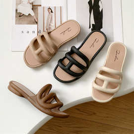 跨境新款夏季拖鞋女士外穿凉拖时尚休闲纯色平底凉拖鞋沙滩外贸鞋