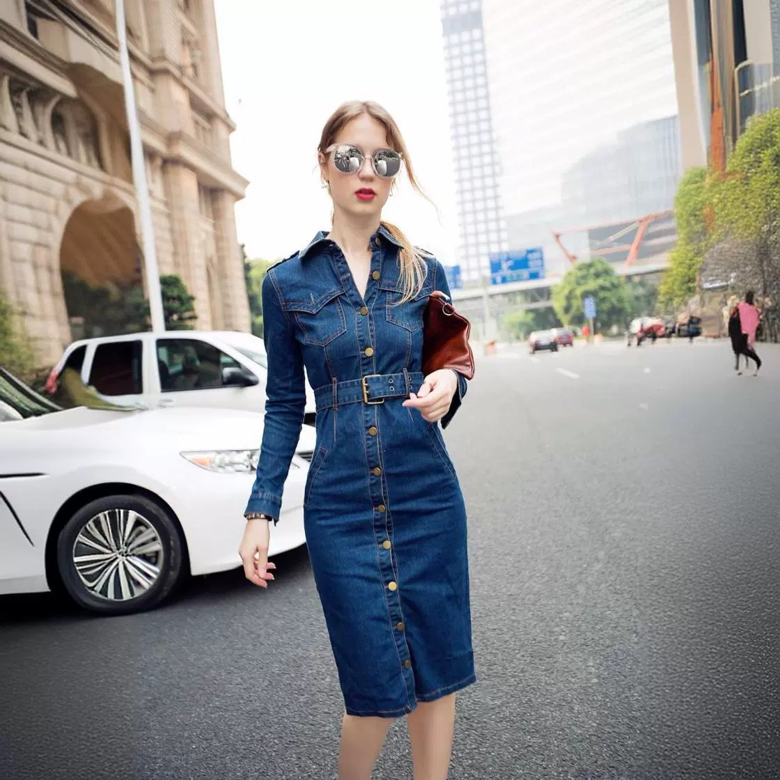 mid-length slim fit hip-hugging denim dress_mkmklike.com