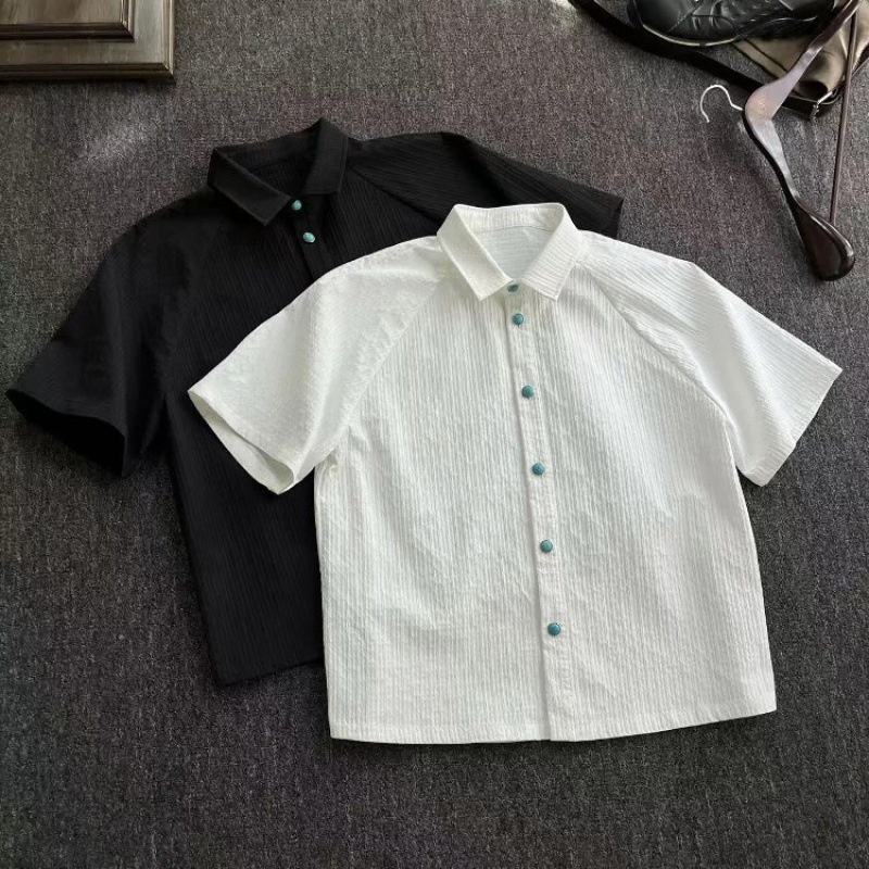 Dawnverse "Tears of the Ocean" Short-Sleeved Shirt Turquoise Textured Pleated Shirt Old Money Boxy Top