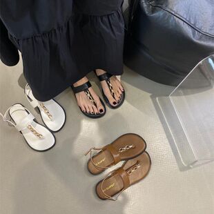 2023 Summer New Arrival Chain Clip-toe Women's Sandals Fashionable Casual All-match Internet Celebrity One-word Strap Clip-toe Roman Shoes