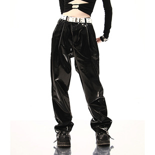 2024 New Black Liquid Patent Leather Mirror PU Leather Pants European and American Style Street Niche Loose Straight Casual Pants