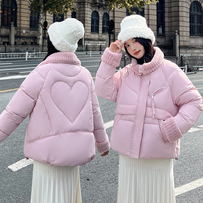 Cordero gran solapa extranjera ropa de algodón plumón ropa de invierno de mujer nueva chaqueta de algodón corta suelta de tamaño grande grueso abrigo