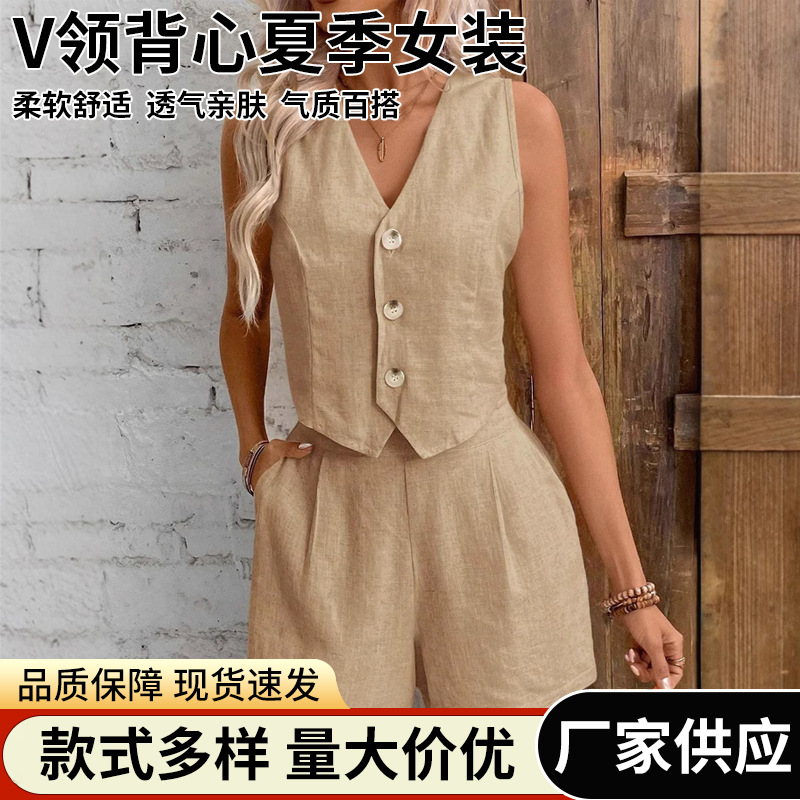 Cross-Border European and American Linen Spring and Summer Casual Work Clothing Front Button Vest and Shorts Suit V Neck Vest Summer Women's Clothing