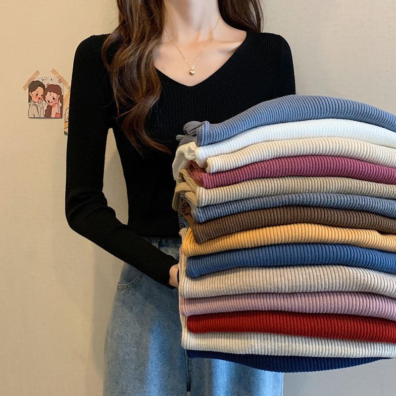 Autumn and Winter Slim Fit V-Neck Long-Sleeve Knit Top Stylish Sweater Women's Base Shirt Wholesale