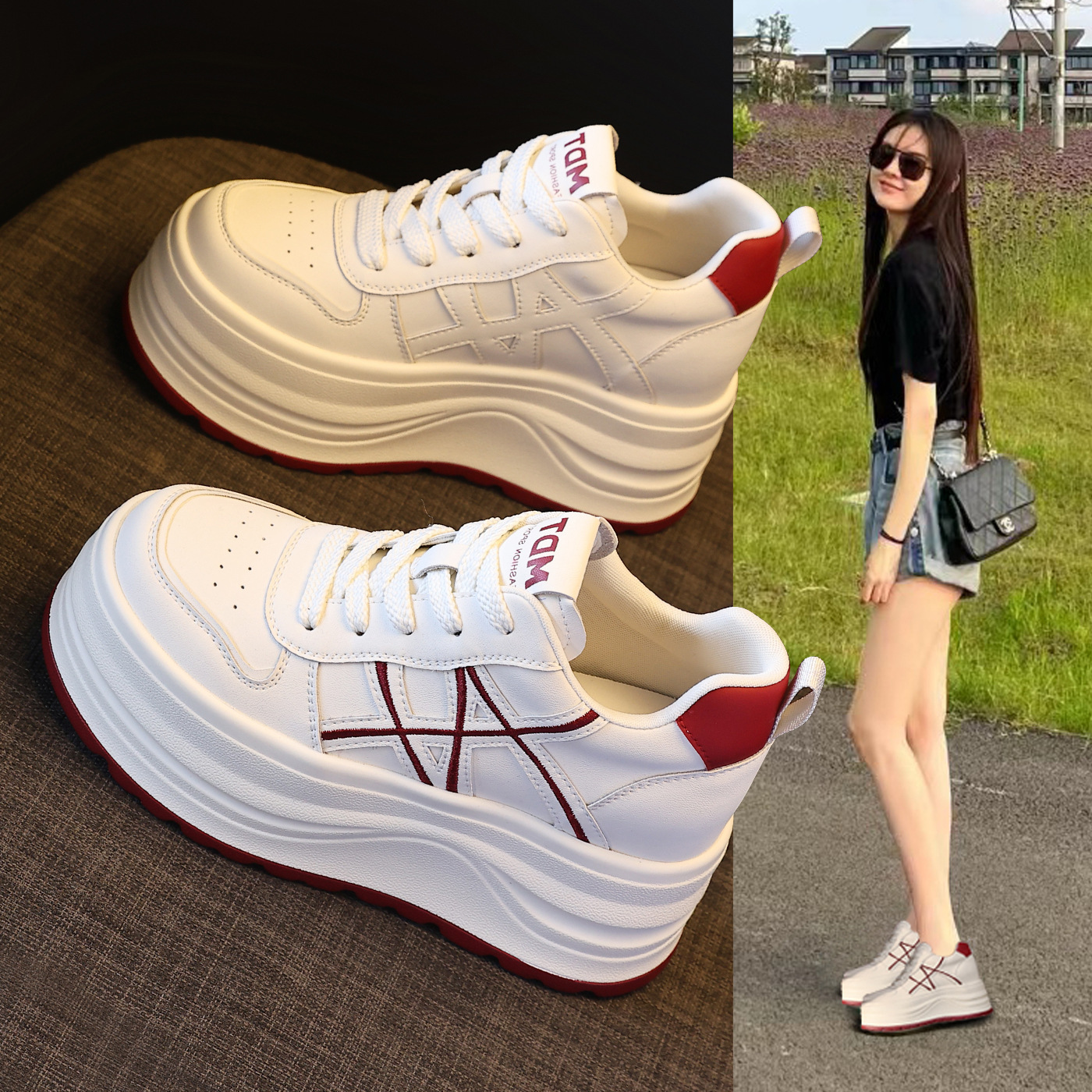 Giày sneaker nữ đế dày tăng chiều cao, phối màu trắng basic, đế bánh mì êm ái — màu sắc