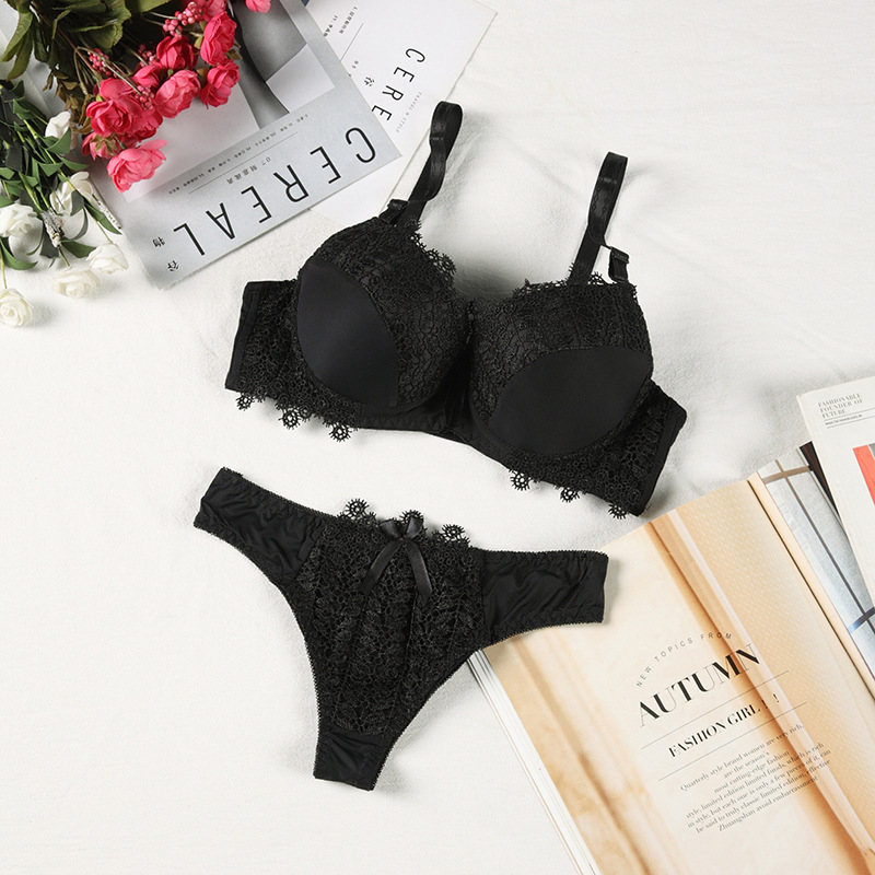 High quality lace gathered bra set, solid color nylon sexy lingerie set_voghion.com