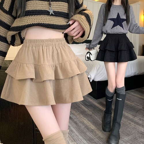 Velvet ruffle cake skirt for women autumn and winter new style hot girl Korean slimming temperament versatile puffy skirt 