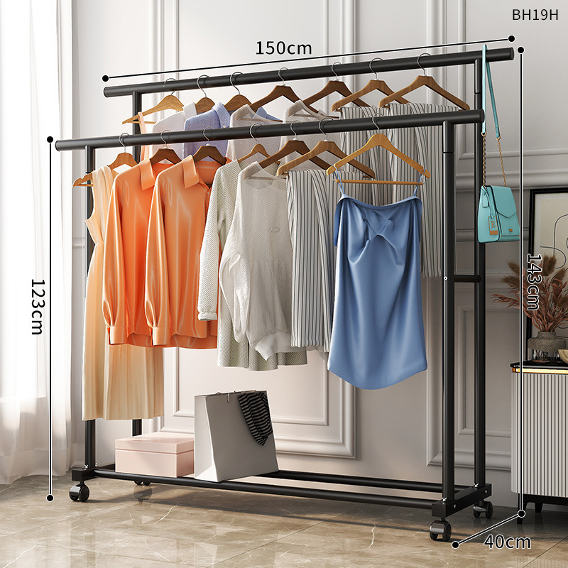 옷 건조대 1.5m 검정색 이중 극 22MM 범용 바퀴