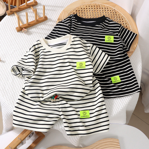 Children's short-sleeve set summer striped casual fashionable set summer trend Korean version baby home clothes