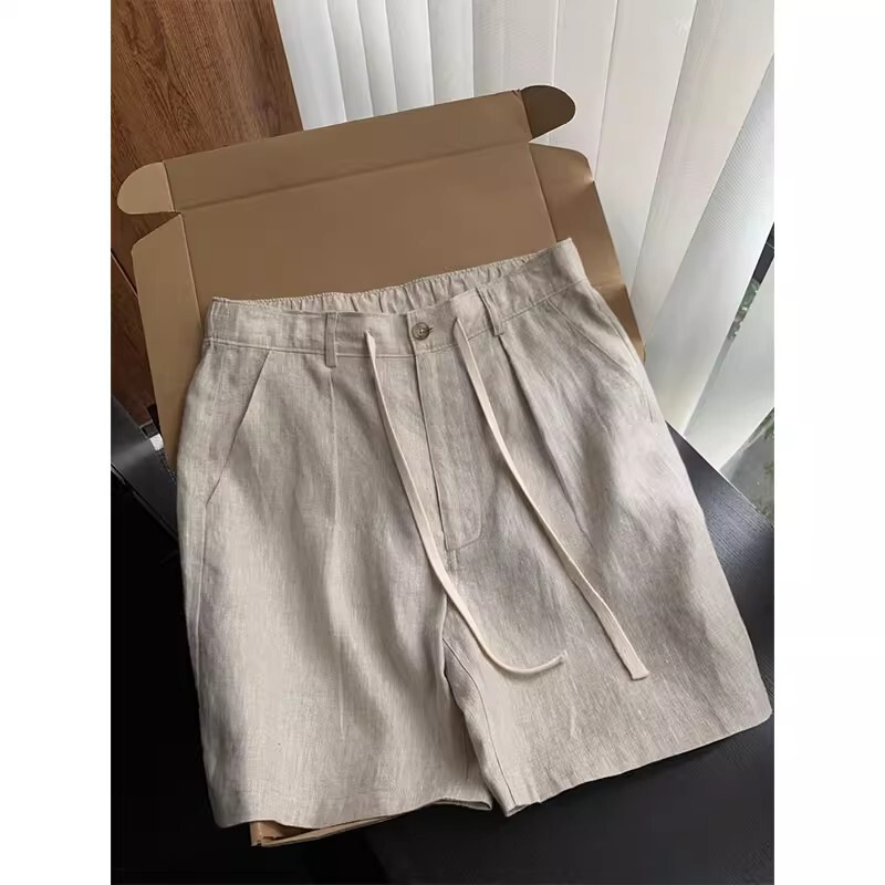 Old Money Style Natural Color Linen Shorts for Men, New Summer Design with Drawstring, Straight Loose Fit, Half-Length Pants Old Money Style Natural Color Linen Shorts for Men, New Summer Design with Drawstring, Straight Loose Fit, Half-Length Pants