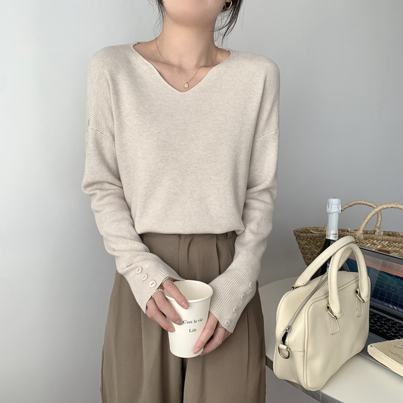 百搭针织打底衫秋季韩版v领宽松内搭套头纯色毛衣女长袖显瘦上衣|undefined