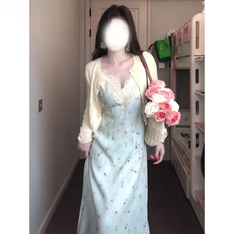 胖mm温柔风碎花吊带裙大码套装女春夏搭长袖开衫蕾丝拼接收腰长裙|undefined