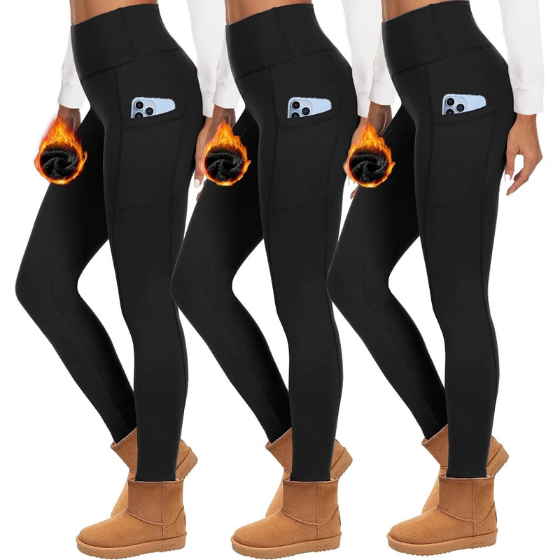 Cross-border Amazon Autumn and Winter Nine High Waist fleece-lined Leggings Women's High Waist Pocket Belly Hip Yoga Pants