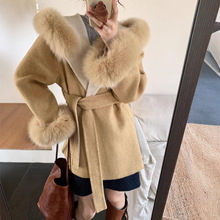 2025秋冬拼色狐狸毛连帽双面羊绒大衣女高级感显瘦新款羊毛呢外套