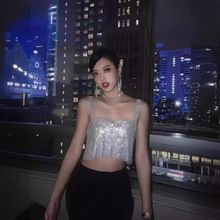 欧美跨境女装性感辣妹低胸夜店风金属上衣短款流苏露背外穿背心女