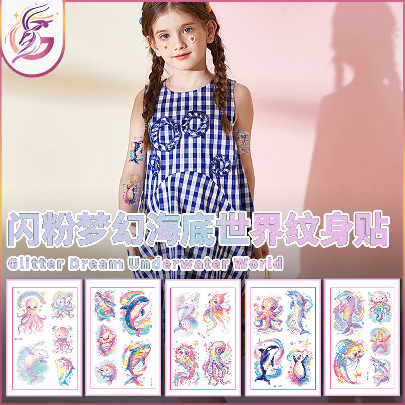 New Glitter Underwater World Kidsren's Tattoo Stickers Waterproof Bathtub Stickers Painted Marine Life Removable Decoration