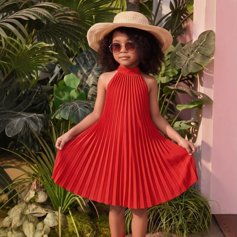 Cross-Border Amazon New Solid Color Halter Neck Pleated Dress Sleeveless Strapless Vacation Style A-Line Skirt Cross-Border Amazon New Solid Color Halter Neck Pleated Dress Sleeveless Strapless Vacation Style A-Line Skirt
