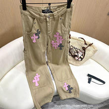 克罗伈限定卡其粉标十字贴皮多巴胺风格美式男女高街直筒牛仔裤